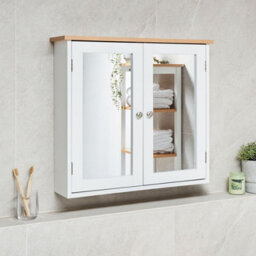 Wyld and Coco Nordiclight Wall-Mounted Bathroom Mirror Cabinet White Mdf With Natural Wood Top 17 X 60 Cm - thumbnail 2