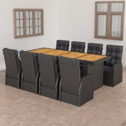 Berkfield 9 Piece Garden Dining Set With Cushions Black Poly Rattan