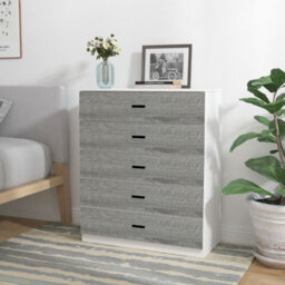 Urbnliving Height 90.5Cm 5 Drawer Wooden Bedroom Chest Cabinet Modern White Carcass And Ash Grey Drawers Wide Storage Cupboard - thumbnail 2