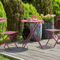 Wyld And Coco Burgundy Red Metal Folding Slatted Back 3 Piece Bistro Set - Compact Outdoor Table And 2 Folding Chairs - thumbnail 2