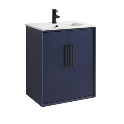 Homestylestore Navy Blue 610mm Wall Hung Bathroom Vanity Unit With Basin And Black T Bar Handle - image 1