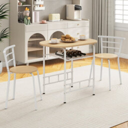 Natural 3 Pcs Wood Grain Dining Table Set Kitchen Table And Chairs With Extra Wine Rack - thumbnail 3
