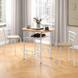Natural 3 Pcs Wood Grain Dining Table Set Kitchen Table And Chairs With Extra Wine Rack - thumbnail 4