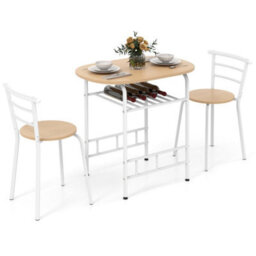 Natural 3 Pcs Wood Grain Dining Table Set Kitchen Table And Chairs With Extra Wine Rack - thumbnail 1
