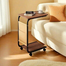 Mobile C-Table Side Table With Storage Pockets Under Sofa Laptop Desk On Wheels - thumbnail 3