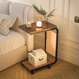 Mobile C-Table Side Table With Storage Pockets Under Sofa Laptop Desk On Wheels - thumbnail 6