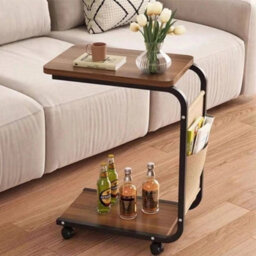 Mobile C-Table Side Table With Storage Pockets Under Sofa Laptop Desk On Wheels - thumbnail 5