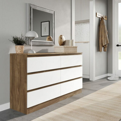 Urbn-Living Urbnliving 120Cm Width Oak Wooden Chest Of White 6 Drawers Bedroom Furniture Storage Bedside Table Modern Cabinet - image 1