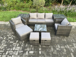 Fimous Wicker Rattan Garden Furniture Sofa Set With 2 Side Tables Armchair Square Coffee Table 3 Footstools 8 Seater - thumbnail 2