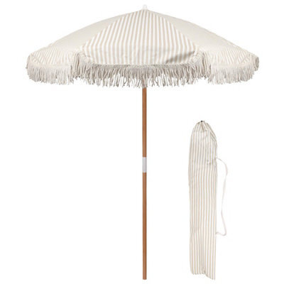 Harbour Housewares 1.4M Wooden Garden Parasol With Tassel Fringe Portable Free-Standing Umbrella With Carry Bag - Beige Stripe - Upf30+ - image 1