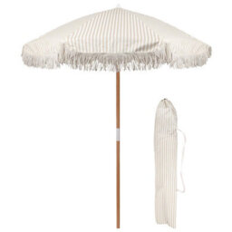 Harbour Housewares 1.4M Wooden Garden Parasol With Tassel Fringe Portable Free-Standing Umbrella With Carry Bag - Beige Stripe - Upf30+ - thumbnail 1