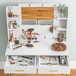 Homcom Makeup Vanity Desk Set With Lighted Mirror, Stool, Drawers, White - thumbnail 8