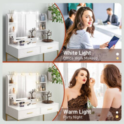 Homcom Makeup Vanity Desk Set With Lighted Mirror, Stool, Drawers, White - thumbnail 4