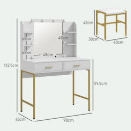 Homcom Makeup Vanity Desk Set With Lighted Mirror, Stool, Drawers, White - thumbnail 3