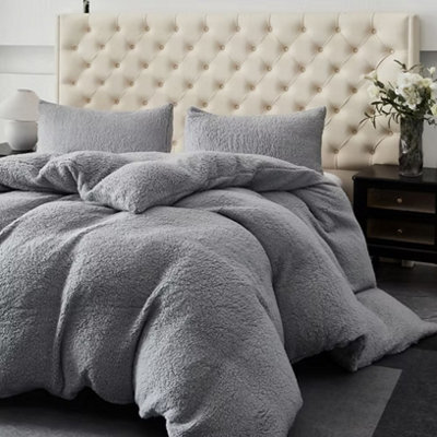 Winter Warm Soft Teddy Fleece Duvet Cover Set Silver Cosy Fluffy Bedding With Matching Pillowcases
