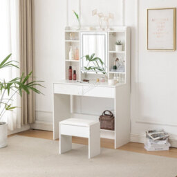Westwood White Vanity Dressing Table Set Ample Storage Mirror Cabinet Drawers Adjust Led - thumbnail 2