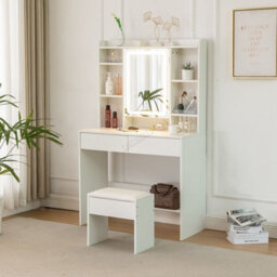 Westwood White Vanity Dressing Table Set Ample Storage Mirror Cabinet Drawers Adjust Led