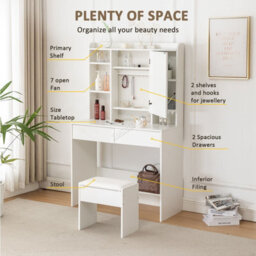 Westwood White Vanity Dressing Table Set Ample Storage Mirror Cabinet Drawers Adjust Led - thumbnail 4