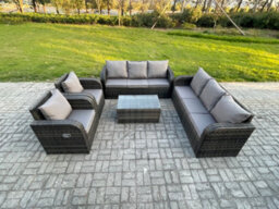 Fimous Rattan Outdoor Garden Furniture Sofa Set Patio Table & Chairs Set With 3 Seater Sofa Reclining Chair Dark Grey Mixed - thumbnail 1
