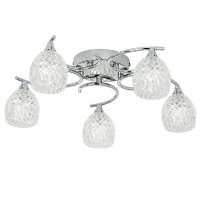 Semi Flush Ceiling Light Chrome Textured Glass 5 Bulb Hanging Pendant Lamp Shade - image 1