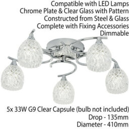 Semi Flush Ceiling Light Chrome Textured Glass 5 Bulb Hanging Pendant Lamp Shade - thumbnail 2