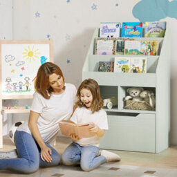 Homcom Kids Bookcase, Toy Box W/ Storage Drawer, Wheels For Bedroom - Green - thumbnail 1