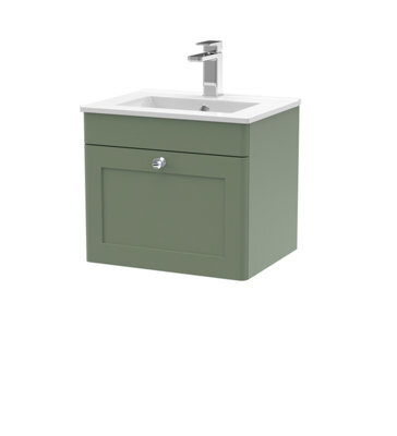 Nuie Classique Wall Hung 1 Drawer Vanity Unit & Minimalist Ceramic Basin, Stylish Sink Vanity Unit In Satin Green With White - image 1