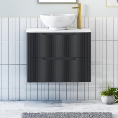 Royal Bathrooms Avenza 600mm Matt Obsidian Black Wall Hung Bathroom Countertop Vanity Unit 2 Drawer With Breeze Basin - image 1