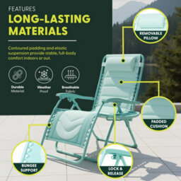 Keplin 2 Pack Xxl 110X70X90Cm Heavy-Duty Colour Block Zero Gravity Chairs, Cup & Phone Holder, Foldable, Mint - thumbnail 6