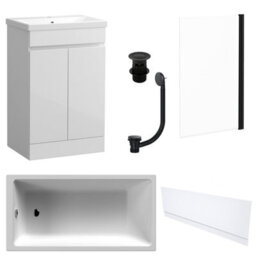 FNX Bathrooms Waterproof 600mm Vanity Unit With Single Ended Bath, Gloss White Front Panel, Matt Black Screen, Bath & Slotted Basin Waste - thumbnail 1