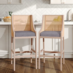 Thehotsale 109Cm H Set Of 2 Upholstered Rattan Bar Stools With Wood Frame And Cushion Counter High Stools - thumbnail 2