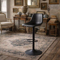 Wyld Haus Bogense Adjustable Black Faux Leather Bar Stool With Cream Zigzag Stitching