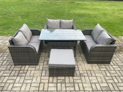 Fimous Wicker Pe Rattan Sofa Outdoor Garden Furniture Set With Rectangular Dining Table Big Footstool Dark Grey Mixed - image 1
