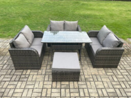 Fimous Wicker Pe Rattan Sofa Outdoor Garden Furniture Set With Rectangular Dining Table Big Footstool Dark Grey Mixed - thumbnail 1