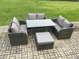 Fimous Wicker Pe Rattan Sofa Outdoor Garden Furniture Set With Rectangular Dining Table Big Footstool Dark Grey Mixed - thumbnail 2