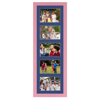 AK Frames 26X8 Pastel Pink Modern Multi Photo Frame With Blue Mount - Holds 5 Apertures (5X) 6X4 Photos - image 1