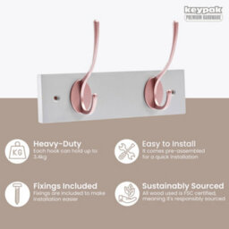 Keypak Victorian 2 Hook Wall-Mount Wooden Coat Rack, 22.5Cm - Dove Bloc With Rose Hooks - Fixings Included - thumbnail 2
