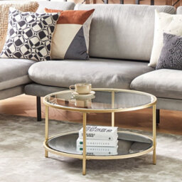 Wyld And Coco Round Coffee Table 70Cm Gold Tempered Glass Top With Mirrored Shelf, Iron Frame - thumbnail 2