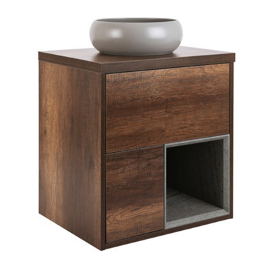 Homestylestore Dark Oak 594mm Led Lit Wall Hung Bathroom Vanity Unit Round Pebble Countertop Basin Open Shelf - image 1