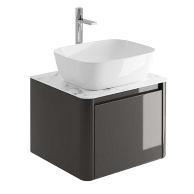 Plum&clay Mayfair Gloss Dark Grey Wall Hung Bathroom Vanity Unit With White Marble Countertop (W)550mm (H)406mm - image 1