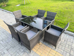 Fimous Rattan Garden Furniture Dining Set 6-Seater Patio Black Glass Table Chairs Outdoor Dark Grey Mixed - thumbnail 1