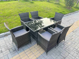 Fimous Rattan Garden Furniture Dining Set 6-Seater Patio Black Glass Table Chairs Outdoor Dark Grey Mixed - thumbnail 2