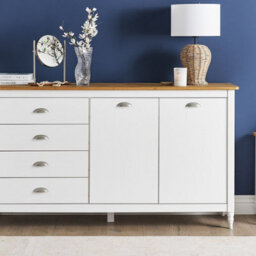 Wyld And Coco Sideboard White 2 Door 4 Drawer With Natural Wood Top, W150 X D40 X H83Cm - thumbnail 2