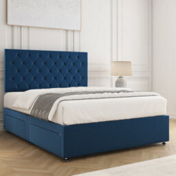 Bsspoke Mia Divan Bed Set Blue Plush Velvet 24Inch Headboard 2 Drawers Same Side & Memory Foam Spring Mattress In All Sizes - thumbnail 3