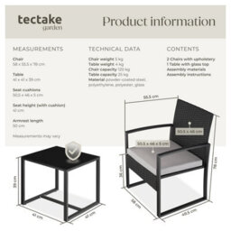 Tectake Garden Table & Chairs Granada - 2 Armchairs, Coffee Table, Bistro Set - Light Grey/black - thumbnail 6