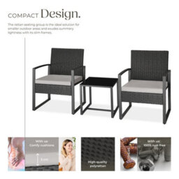 Tectake Garden Table & Chairs Granada - 2 Armchairs, Coffee Table, Bistro Set - Light Grey/black - thumbnail 3