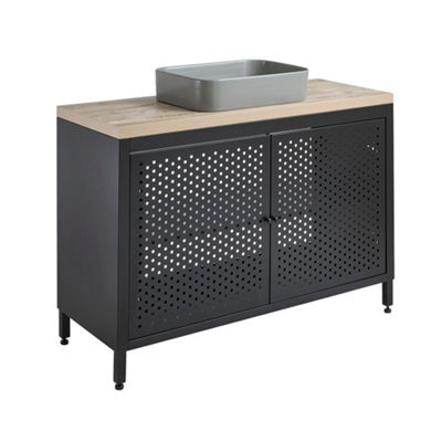 Homestylestore 1200mm Black Metal Floorstanding Bathroom Vanity Unit Light Oak Countertop And Rectangular Pebble Basin - image 1