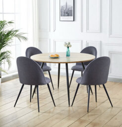 Hallowood Furniture Cullompton Large Round Dining Table, Light Oak Effect Top (120Cm), With 4 Grey Fabric Curved Back Chairs - thumbnail 1