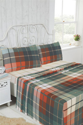 Rapport Flannelette Brushed Cotton Checked Terracotta Fitted Sheet, Flat Sheet And Pillow Case - image 1
