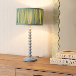 Valuelights Bobbins Powder Blue Table Lamp With Ruched Pleated Green Drum Lamp Shade - thumbnail 1